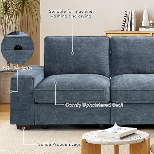 Image of TEKAMON 100 inch Modular Sofa with Seats Storage, Comfy 3-Seater Chenille Fabric Couch for Living Room, Office, Apart W /Deep Seat, USB Charging, Upholstered Couch with Removable Cover (Blue)