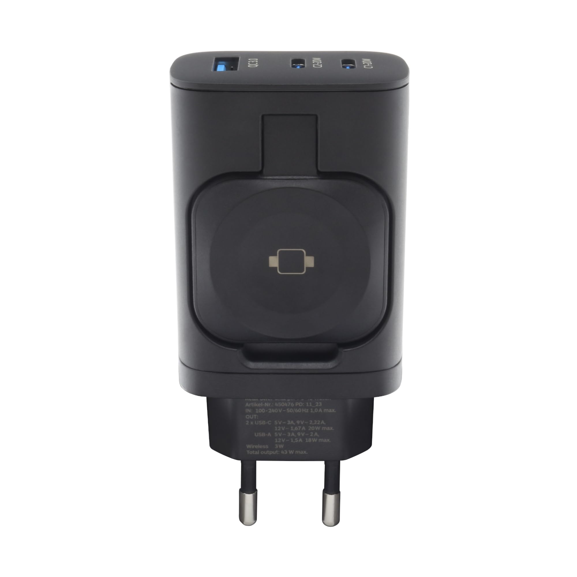 REALPOWER PC-43 Watch ładowarka, 43 W, 2 x USB-C PD 20 W, USB-A QC3.0 18 W, bezprzewodowa 3 W, 47 x 28 x 103 mm, 103 g, 100-240 V, 1,0 A