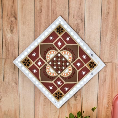 Image of Ethnics of Kutch Traditional Kutch Handicraft Mud-Mirrorwork Lippan Kam Wall Art (Water and Break Resistant) - Square (12 inch x 12 inch) - (White - LKT-0237)