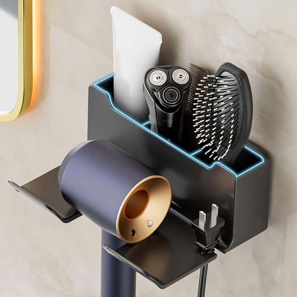 Cisily Black ABS Plastic Wall Mount Hair Dryer Holder & Organizer - Medium (12.5cm x 16.5cm x 7cm) - Hair Styling Tool Storage - Bathroom Use - Image 7 thumbnail