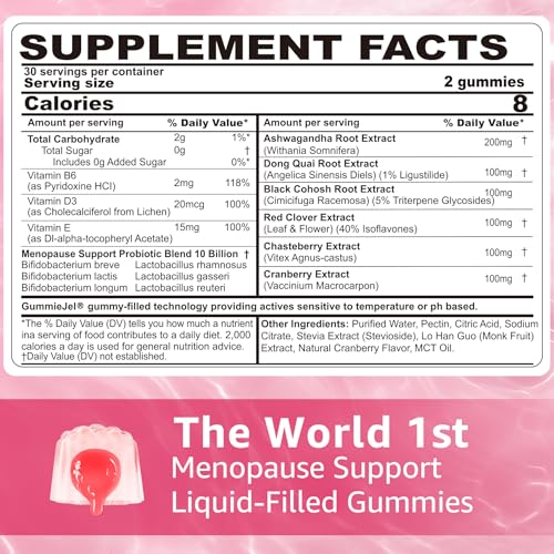 Image of Menopause Gummies Supplement for Women w / Red Clover, Black Cohosh for Hot Flashes, Menopause Support Vitamins + Ashwagandha Probiotics, Over 50 Hormone Support Balance Gummies Sugar Free, Vegan 60ct