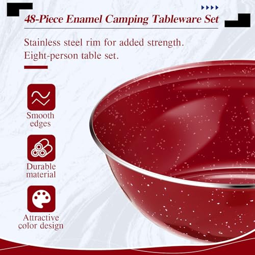Nuogo Kit de Cocina para Camping Juego de 48 Piezas con Vajilla Esmaltada, Tazas, Platos, Cuencos y Utensilios, Rojo miniatura 3