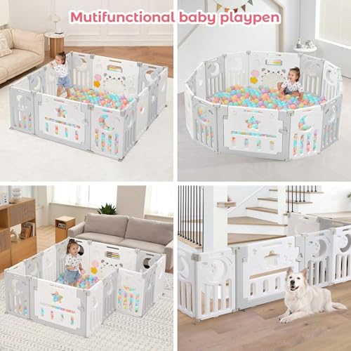 Image of Hukimoyo Large Baby Playpen 16 Panels /30 Sq Ft Play Area Indoor Setup with Mat ,balls | Play Yard for Babies 0-3 Years with Padded Boundary |Indoor Outdoor Toddler , infant fence Activity Center with Safety Door Lock & Suction Cups (5 * 6 FT)