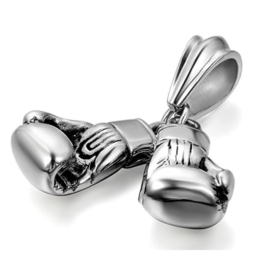 JewelryWe Schmuck Edelstahl Poliert Doppel Boxhandschuhe Herren-Anhänger mit 55cm Kette, Biker Halskette, Schwarz Silber