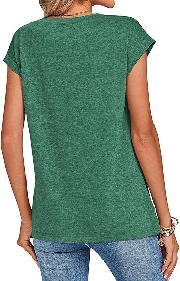 Women's Casual T-Shirt, Crewneck Cap Sleeve Top, Solid Green, Relaxed Fit, Everyday Wear
