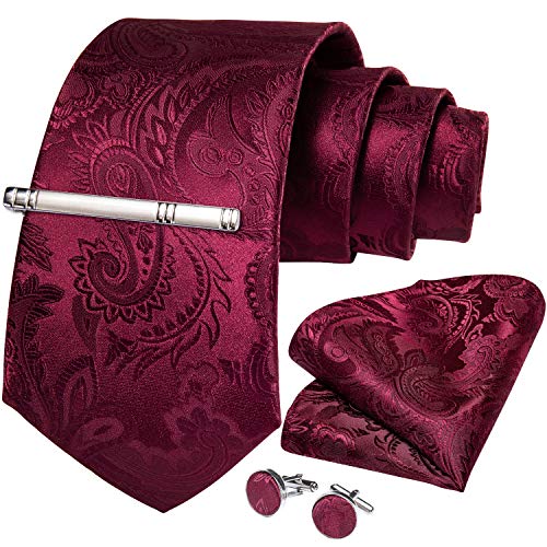 Image of DiBanGu Paisley Ties for Men Silk Necktie and Pocket Square Cufflinks Tie Clip Set Woven Classic Mens Tie for Wedding Party