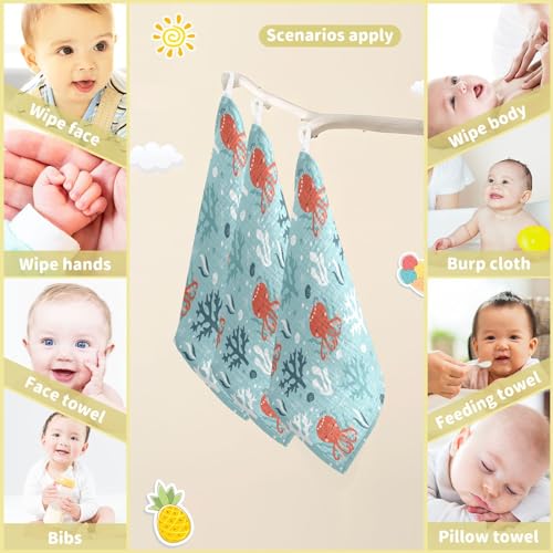 Image of vvfelixl Baby Muslin Washcloths Octopus Swimming Underwater Baby Burp Cloths Cotton Baby Face Towel for Newborn Infants Boys Girls Soft and Absorbent 11.8 X 11.8 in, 3 Pack