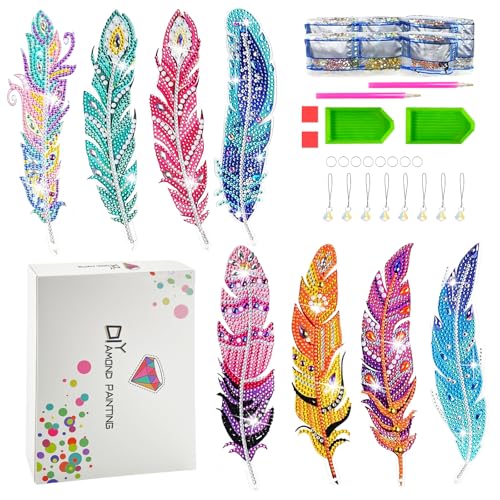 8 Stück Diamond Painting Lesezeichen Set Kinder Feder Lesezeichen mit Strassanhängern und Werkzeug für Mädchen ab 6 7 8 9 10 11 12 Jahre DIY Kun sthandwerk Geschenk