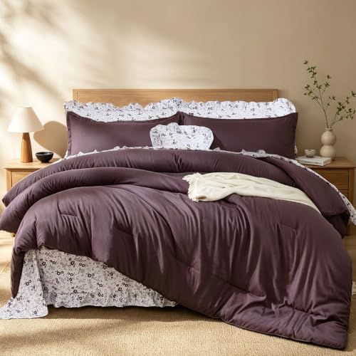 Image of WONGS BEDDING 8PC Queen Comforter Set, Ruffle Comforter with Floral Sheets