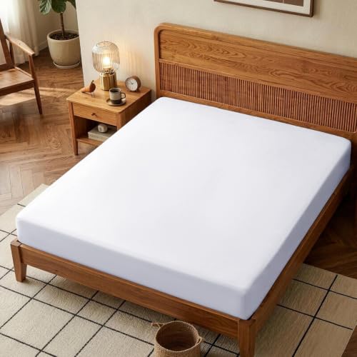 Miniatura 7 de Lirex Sábana Bajera, 180 X 200 Cm 100 Algodón 300 Hilos Sábana Bajera Suave Transpirable, Blanco