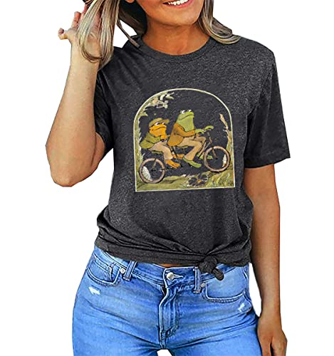 QIANRUO Women's Dark Gray XXL Frog Graphic T-Shirt, Vintage Modern, Short Sleeve, Loose Fit, Soft Cotton Blend, Funny Book Lovers Shirt