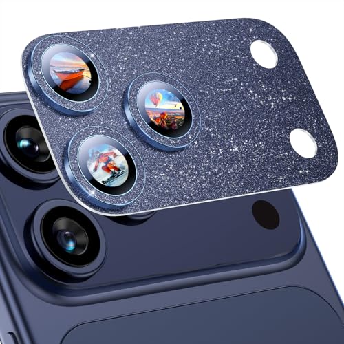 Image of Uyiton Compatible with iPhone 17 Pro Max Camera Lens Protector Bling - [Not Easy to Break][Strong Adsorption][Case-Friendly] Metal Tempered Glass Rear Camera Screen Cover - Glitter Blue