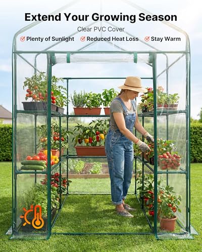 Image of VEVOR Walk-in Greenhouse, 54 inch x 54 inch x 77.2 inch Greenhouse for Outdoors with PVC Cover, 2 Tiers 10 Shelves, Roll-Up Zipper Door, Walk in Green House, Portable Plant Garden Hot House for Backyard Outside