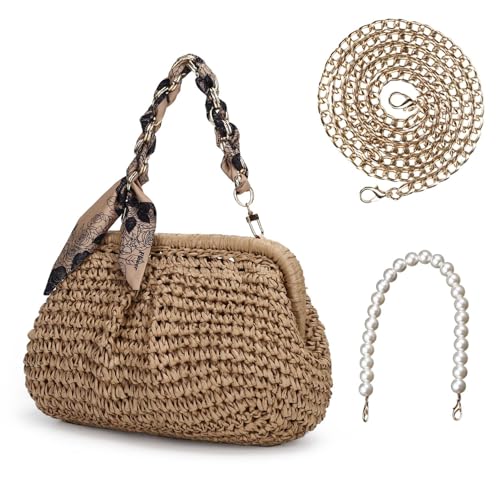 Straw Bag Clutch Purses for Women, Beach Woven Straw Crossbody Handbag with Pearl Chain, Dumpling Wicker Purse