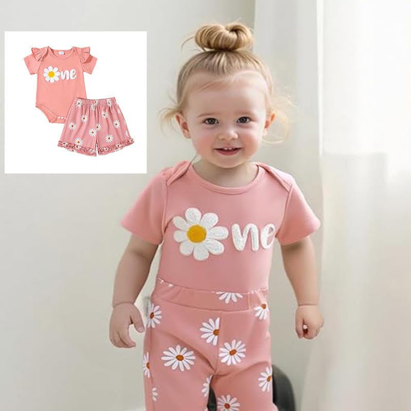 Infant Baby Girl Birthday Outfit Daisy Theme 1-2 Years Old Birthday Outfit Shirt Floral Shorts Set3