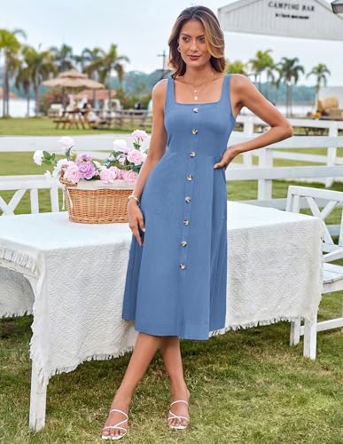 Image of GRACE KARIN Women's Summer Dress 2025 Casual Square Neck Flattering A-Line Button Down Midi Tank Sundress with Pockets