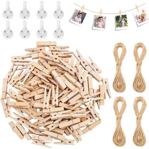 ZDNT 200 Pièces Pinces à Linge en Bois,Mini Pince a Linge,3.5cm Clips Photo en Bois,Mini Pinces à Linge avec Jute Corde 40m et 40Clous pour Artisanat Art...