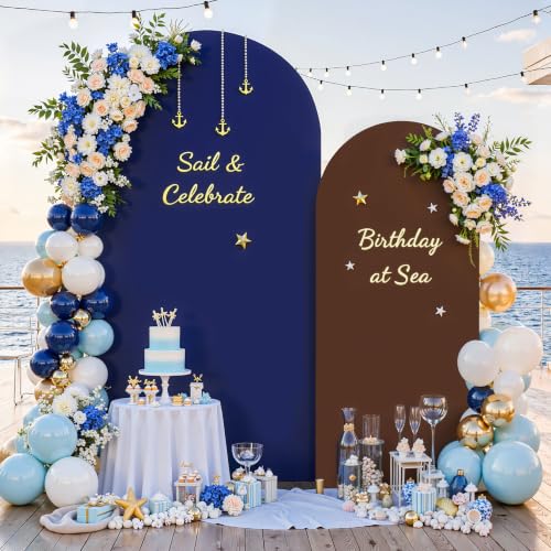 Image of 7.2FT 6FT Arch Backdrop Cover for Party, Set of 2 Stretchy Spandex Fitted Arch Stand Cover for Baby Shower, Birthday Wedding Decor, Chiara Backdrop Cover with Double-Sided Design(Blue, Brown)