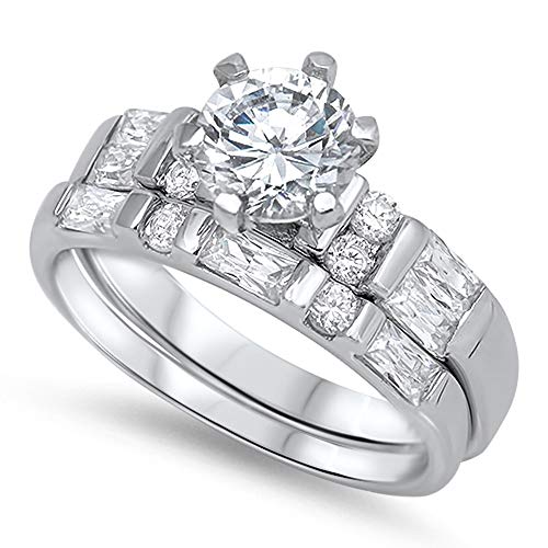 CloseoutWarehouse Round Center with Baguette Stones Cubic Zirconia Wedding Set Ring Sterling Silver 925