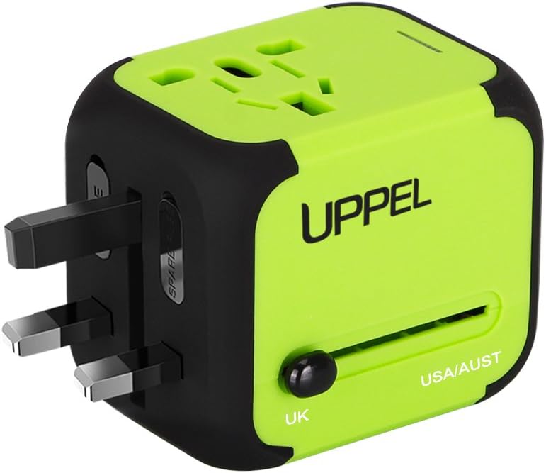 Travel Adapter Dual USB All-in-one Worldwide Travel Chargers Adapters for US EU UK AU About 152 Countries Wall Universal Power Plug Adapter Charger with Dual USB and Safety Fuse (Green)