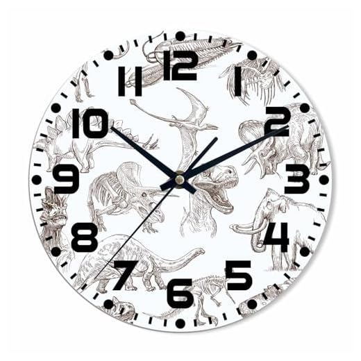 Dinosaurs Wall Clock Battery Operated Sketch Ancient Animals Wall Clock Silent Non Ticking Quality Quartz 10 Inch Round Easy Clock to Read for Home Office