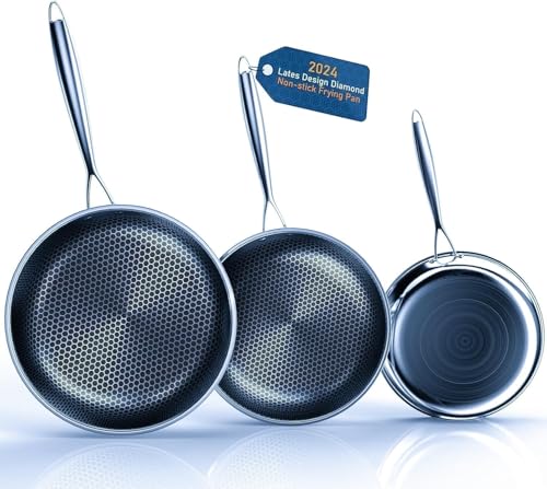 Kiseely Lot de 3 poêles 26cm+28cm+30cm, Poêle à frire antiadhésive diamant, Acier inoxydable de...