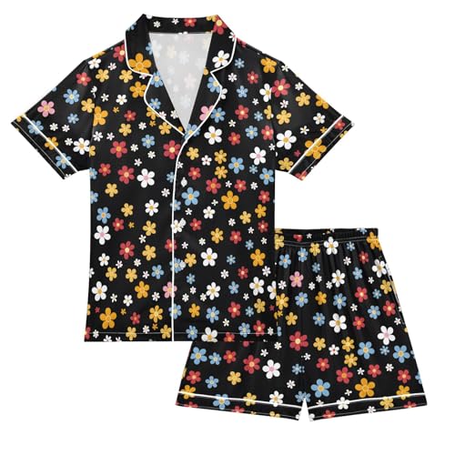 ALAZA Cartoon Flower Blossom Print Satin Pajamas Set Short Sleeve Button Down Sleepwear Summer Pjs 2 Piece