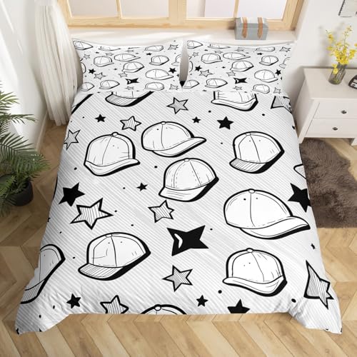 jejeloiu Gray White Baseball Theme Duvet Cover for Kids Boys Girls Toddler Size Baseball Cap Bedding Set Ultra Soft Star Print Comforter Cover Set Sports Game Bedspread Cover Room Decor,No Comforter