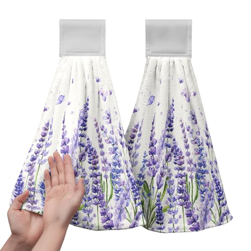 Kwlegh Lavender Kitchen Hanging Towels Set of 2 Purple Floral Hand Towel with Loop Spring Summer Flower Dish Cloth Dry Towel Soft Absorbent Fingertip Bath Tie Towel for Bathroom Farmhouse Decor