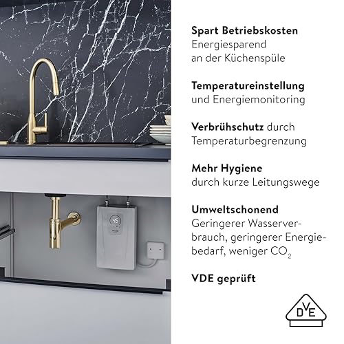 CLAGE CEX-U elektronischer Kompakt-Durchlauferhitzer für die Küche, 11–13,5 kW, 400V, gradgenaue Temperaturwahl, LED-Sensorbedienfeld, Festanschluss, Untertischmontage (Weiß, Komfort)