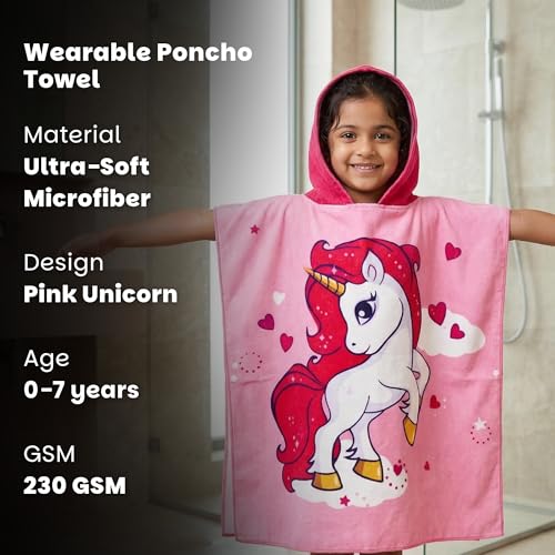 Image of Famyo Pink Unicorn Poncho Towel for Kids, Hooded Micro-Fiber Bath Towel for Toddlers, Boys & Girls, Soft & Cozy, Ages 1-7 Years, Cute Design, Bathrobe Alternative 60x60 Cm