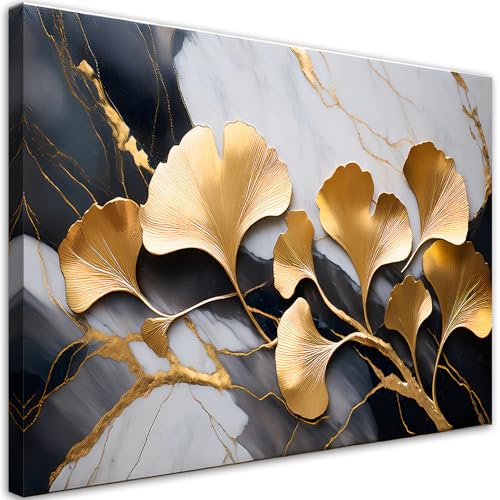 Feeby - Impression sur Toile - Deco Tableau Murale Intissé - Ginkgo Botanique Fleurs Marbre Gris Or - 90x60 1partie - Photo Peinture - Pour Chaque Pièce de...