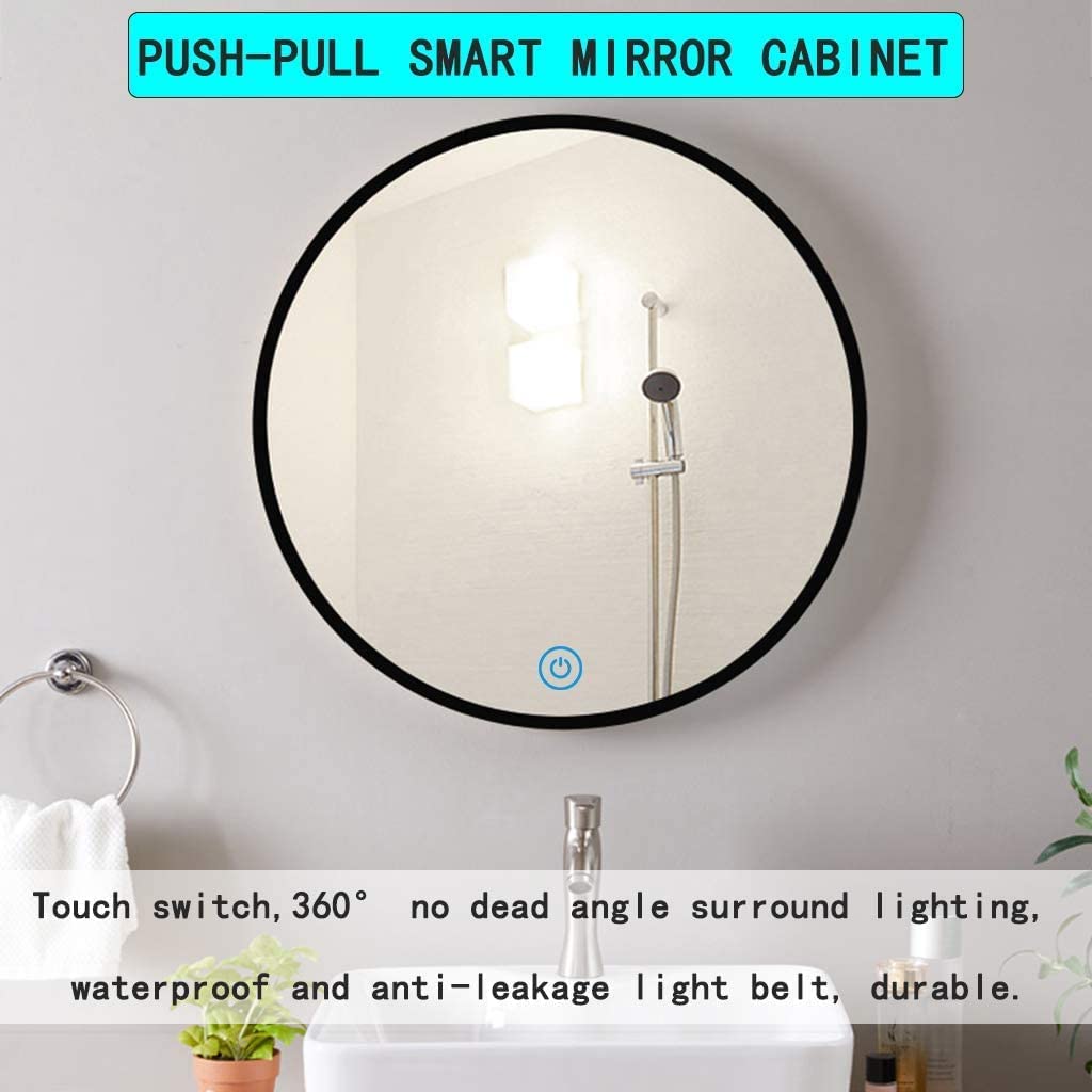 Espejo de baño con LED, Armario de baño con espejo y luces LED, armario pared, redondo madera, interruptor inteligente cosmético(60cm)