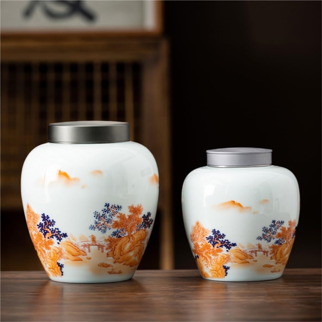 SONGCHAO Sugar Jar Ceramic Tea Storage Can Chinese Landscape Loose Tea Can Double-Layer Tin Lid Sealed Can Tea Kitchen Food Storage Can Tea Canister (Color : B, Size : Large)
