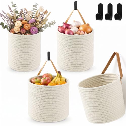 Image of Honeydak 3 Hanging Baskets, White, Cylinder, Cotton Rope