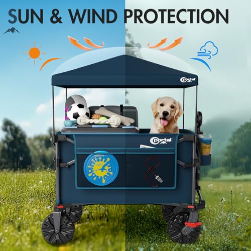 Portal Festival Beach Trolley on Wheels with Canopy Folding 350L XXL Heavy Duty Camping Trolley Cart with Brakes Open Tailgate Pull along Wagon Collapsible Garden Hand Truck Trailer Buggy - 5