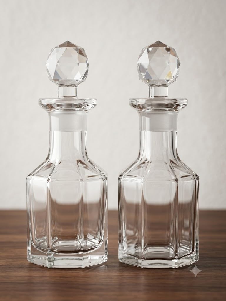 Shobhana Enterprises Crystal Glass Bottle with Faceted Stopper Set of 2 | Premium Glass Bottle with Decorative Stopper-image-7