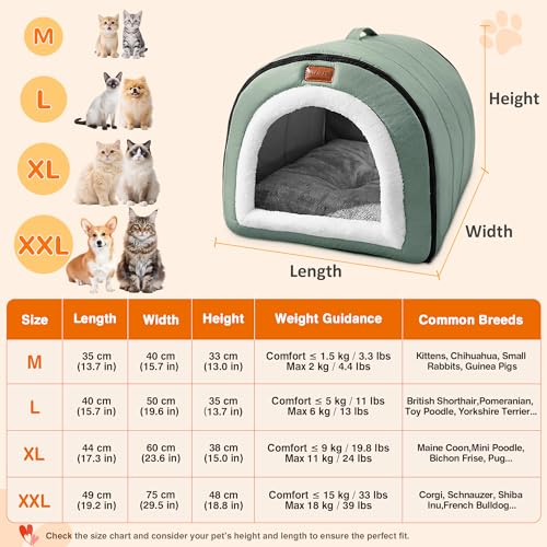 ALLSOPETS Hundehöhle Selbstwärmendes 2-in-1 Faltbares Katzenbett für Katzen und Kleine bis Mittelgroße Hunde, Katzen Iglu Haus Haustierzelt mit Dachhaube und Tragegriffen (Salbeigrün, XXL)