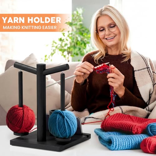 Image of HangerSpace Wooden Yarn Holder for Crocheting and Knitting, Upgraded Magnetic Rotating Yarn Spinner with 2 Spindles, Perfect for Crocheting and Knitting Lovers