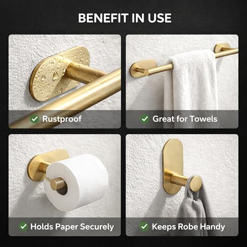 Image of JIALTO Bathroom Towel Holder | 4 Pcs Wall Mounted Bathroom Clothes Hanger with Adhesive Hooks | Towel Rod | Tissue Paper Holder | Bathroom Fittings Rod & Towel Stand (Gold, 4 - Pieces Set)