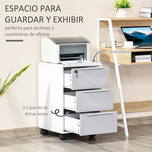 Miniatura 4 de Homcom Cajonera De Escritorio Con 3 Cajones, Cajonera De Oficina Con Ruedas, Cerradura Y 2 Llaves, Archivador Móvil Para Estudio, Salón, 40x40x63,5 Cm, Blanco Y Gris