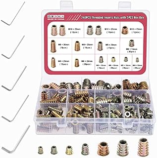 Knpwer 240 Pcs Threaded Inserts Nuts,Zinc Plated Carbon Steel Threaded Inserts,M4 M5 M6 M8 M10 Insert Hex Socket Screw for Wood Furniture, with Hex Spanner