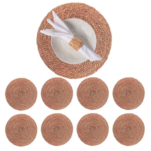 Image of Laquedecraft 13.8 inch Round Brown Seagrass Placemats, Set of 8 | Handwoven Boho Farmhouse Table Mats | Natural Braided Dining Placemats (Brown)