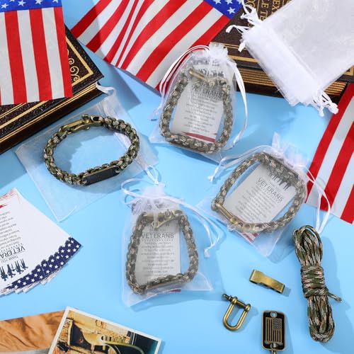 Tondiamo 10 Set Veterans Day Paracord Bracelet for Men Military Army Tactical Survival Bracelet with Bronze USA Flag with Memorial Day Card Bulk Organza Bag4