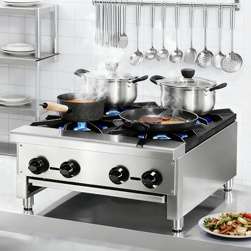 Image of Commercial Gas Stove with 4 Burners, Freestanding Propane and Countertop Natural Gas Range Stove, Stainless Steel Hot Plate, Commercial Cooking Equipment for Restaurant Kitchen, 112,000 BTU