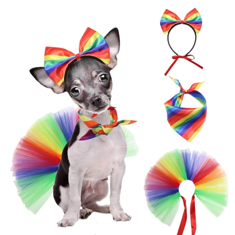 3pcs Rainbow Dog Cat Bandana Collar Gay Pride Dog Headband+Collar Bow+Costume Dress for LGBTQ Pride Day Supply Pet Accessories (Rainbow)