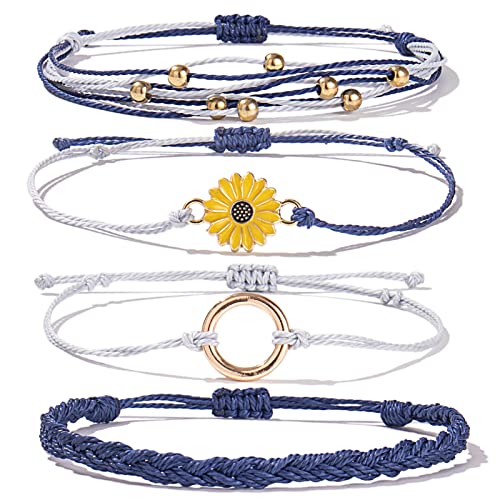 Image of Stackable Sunflower String Bracelets Cute Boho Braided Summer Beach Jewelry