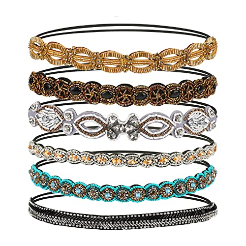 Ideashop 6 Pieces Rhinestone Beaded Elastic Headbands, Fashionable Handmade Elastic Rhinestone Headbands, Crystal Beaded Elastic Headbands for Women Vintage Jewelry Hair Accessories(Multicolor)