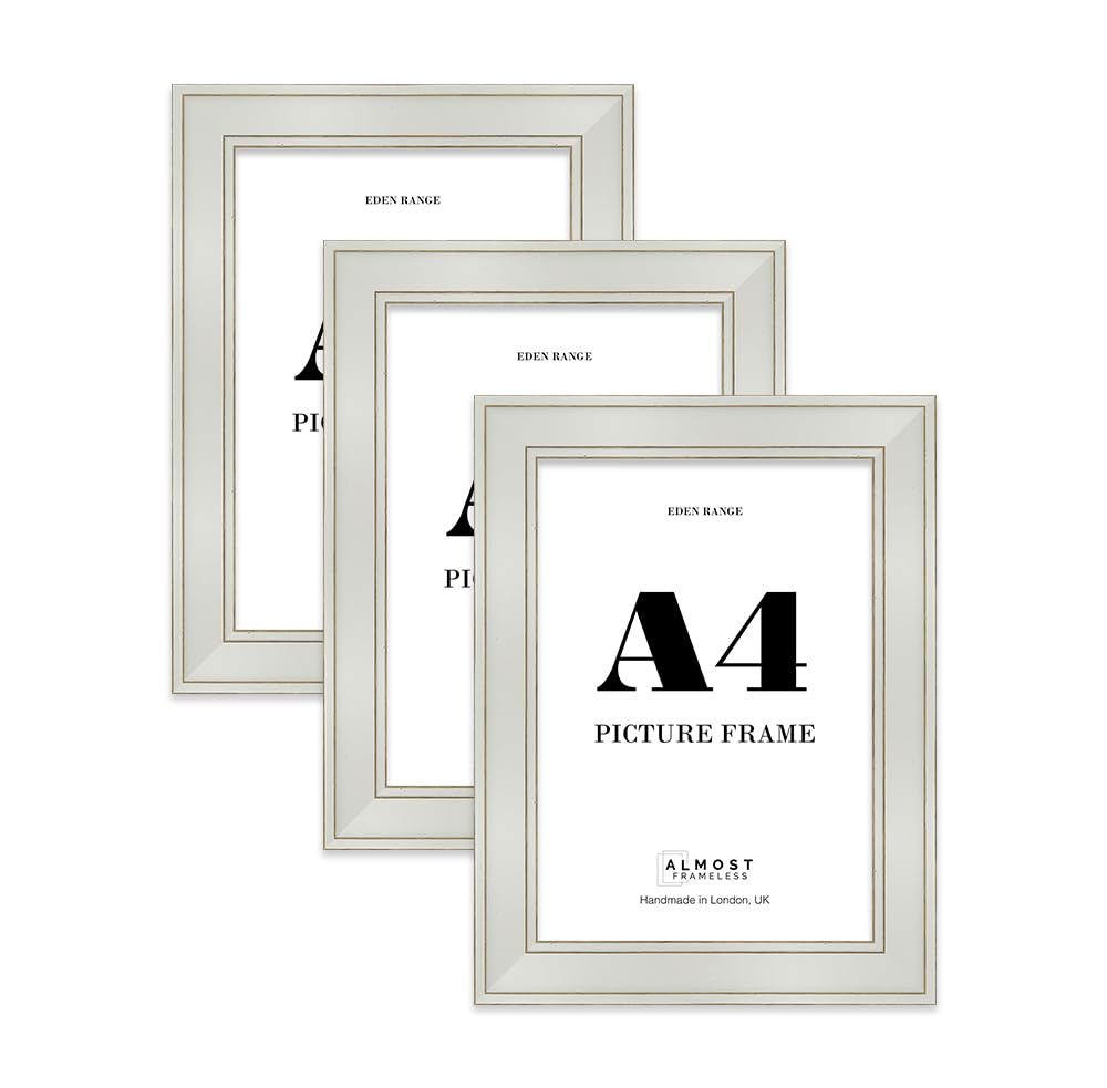 A4 Light Grey Picture Frame - Shabby Chic Photo Frame with Distressed Finish, Gold Trim, Wall Hooks and Kickstand, 37mm Edge - 3 Pack