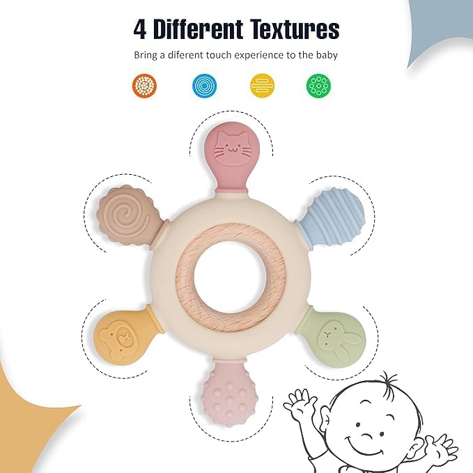 Sohansh Baby Wooden & Silicone Teether Ring, BPA Free Food Grade Silicone Teething Toy for Soothing Baby Gums 1